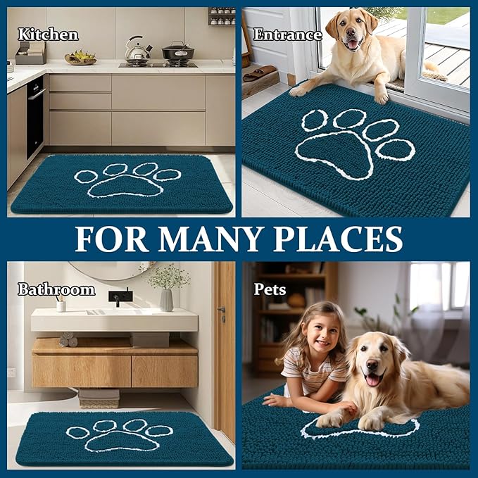 OLANLY Dog Door Mat for Muddy Paws 32x20, Paw Print Design, Absorbs Moisture and Dirt, Absorbent Non-Slip Washable Doormat, Quick Dry Chenille Mud Mat, Entry Indoor Entryway Carpet, Atlantic Blue