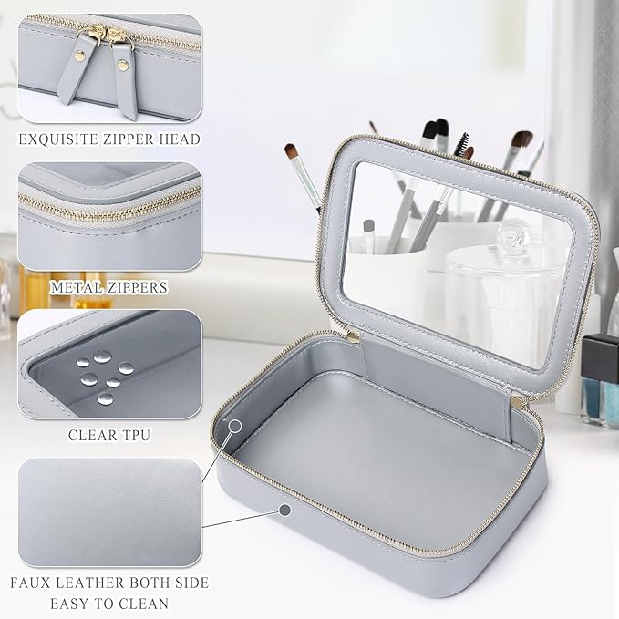 Clear Makeup Bag Small Cosmetic & Toiletry Bag Waterproof Travel Case Women's Pouch Organizer Makeup Bag for Car with Zipper Women (Gray, Small-1)