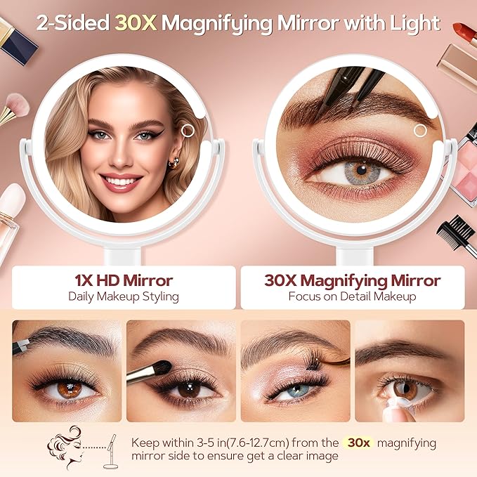 B Beauty Planet Vanity Mirror with Lights, 30X Magnifying Makeup Mirror with 3 Lighting and Adjustable Brightness, Rechargeable 2-Sided Height Adjustable Desk Mirror for Bathroom, Gift for Women White