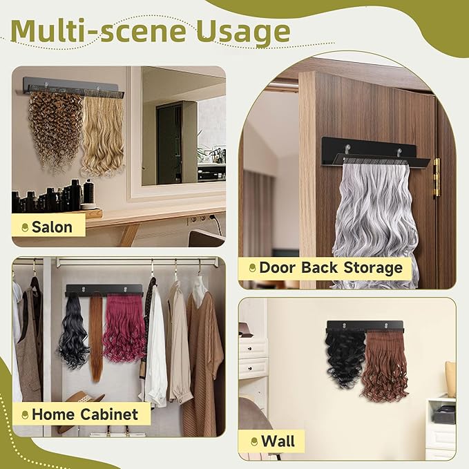 Hair Extension Hanger - Black Holder for Styling, Washing, Drying, Braiding, Display Rack for Clip-in, Wefts, Tape, Bundles, Hair Topper, Organizer/Storage