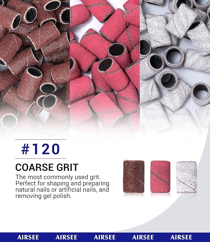AIRSEE Sanding Bands for Electric Nail Drill 100 Piece Set 120 Grit Coarse Acrylic File Attachments Professional Sander 1 Mandrel Bit Beauty Salon Accessories Manicure and Pedicure Finger Callus Brown