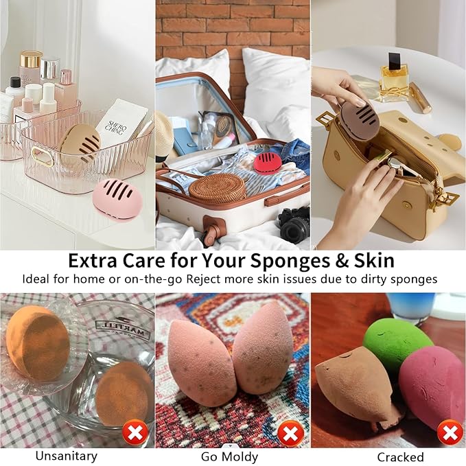 2 Pcs Makeup Sponge Holder,Double-Sided Breathable Silicone Beauty Blender Holder for Travel or Daily,Shatterproof Make-up Travel Case Quick Drying Easy to Carry,Grey+Pink
