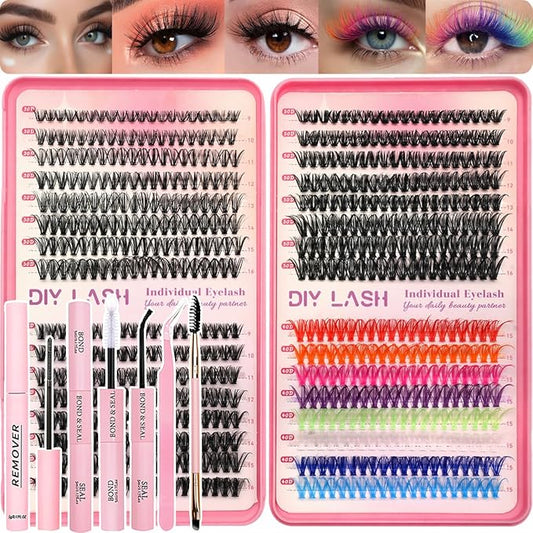 Lash Clusters Kit, 640 Pcs Eyelashes Clusters Extensions Kit 9-16mm Individual Lashes D Curl Fluffy Wispy False Eyelashes Thin Band, with Bond Seal Remover Tweezers Brush (30D+40D+50D+40D Kit 9-16mm)