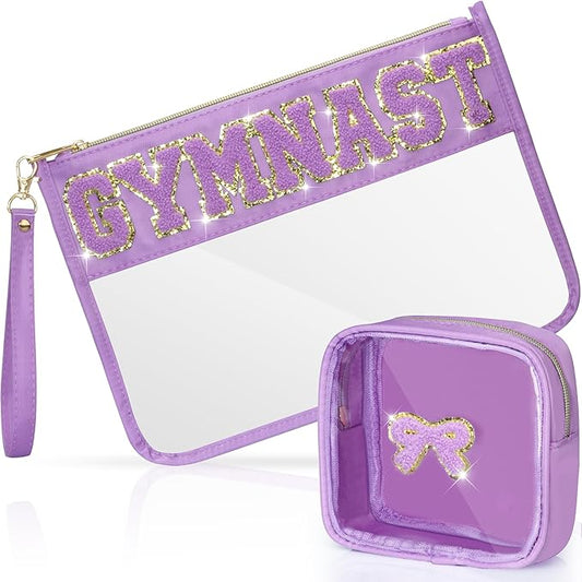 2 Pcs Gymnastics Gifts Cosmetic Makeup Bag with Chenille Letter Patch, Clear Pouch PVC Organizer Purse, Waterproof Travel Bag, Portable Toiletry Storage Bag for Her Girls Friends Women