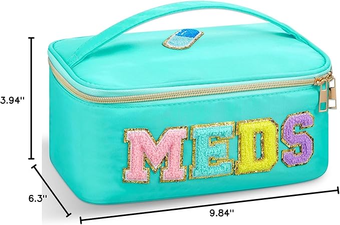 Geetery Clear Makeup Bag Chenille Letter Meds Bag Travel Cases Preppy Patch with Zipper, Portable Cosmetic Toiletry Storage case for Women(Meds,Green)
