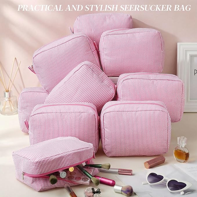 Sanwuta 9 Pcs Seersucker Cosmetic Bag Bulk Pinstripe Makeup Bag for Women Aesthetic Cute Travel Toiletry Organizer Preppy Storage Pouch for Wedding Bridesmaid Christmas Gift (Large, Pink)