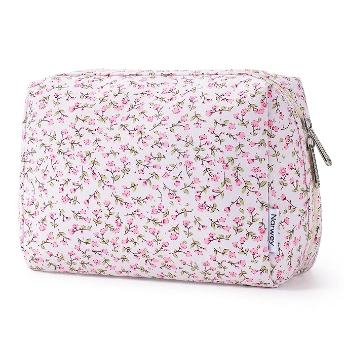 Narwey Cute Floral Makeup Bag Travel Cosmetic Bag Organizer Toiletry Bag Make Up Bags with Compartments for Women Girls (Green Leaves and Flower, Large)
