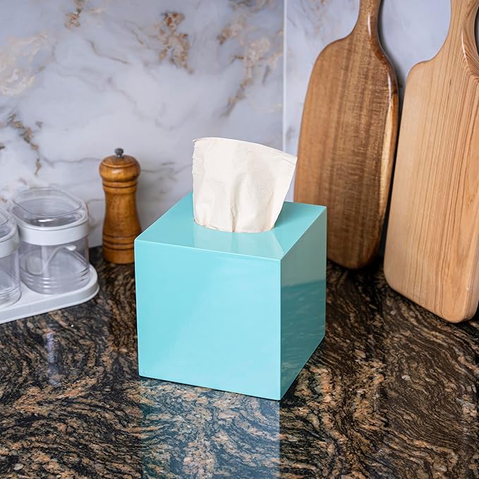PEMAR 5.9” Cube Lacquer Tissue Box Cover, Decorative Napkin Dispenser Organizer, Rustic Farmhouse Vintage Decor for Table, Kitchen, Bathroom Vanity Countertop, Office (Aqua)