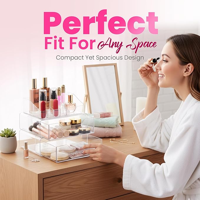 Masirs Clear Makeup Organizer - Acrylic Cosmetic Vanity Storage Organizers for Girls Dresser, Bathroom, Desk Counter - Plastic Make Up Holder, Jewelry Box (2-Drawer | Multi Compartments)