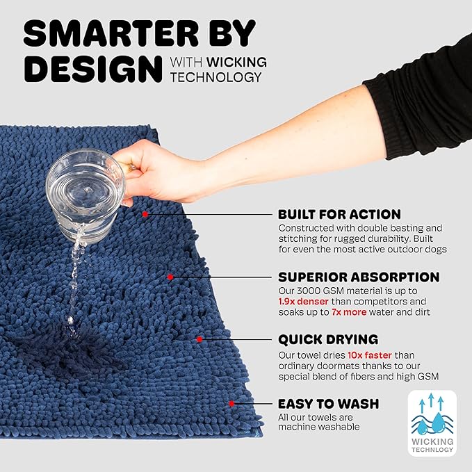 Dog Gone Smart Dirty Dog Doormat - Absorbent Polyamide Dog Mat Designed to Hold More Dirt, Mud & Water - Non-Slip, Fast-Drying Entryway Rug for Muddy Paws - Machine Washable, 23 x 16 in, Bermuda Blue
