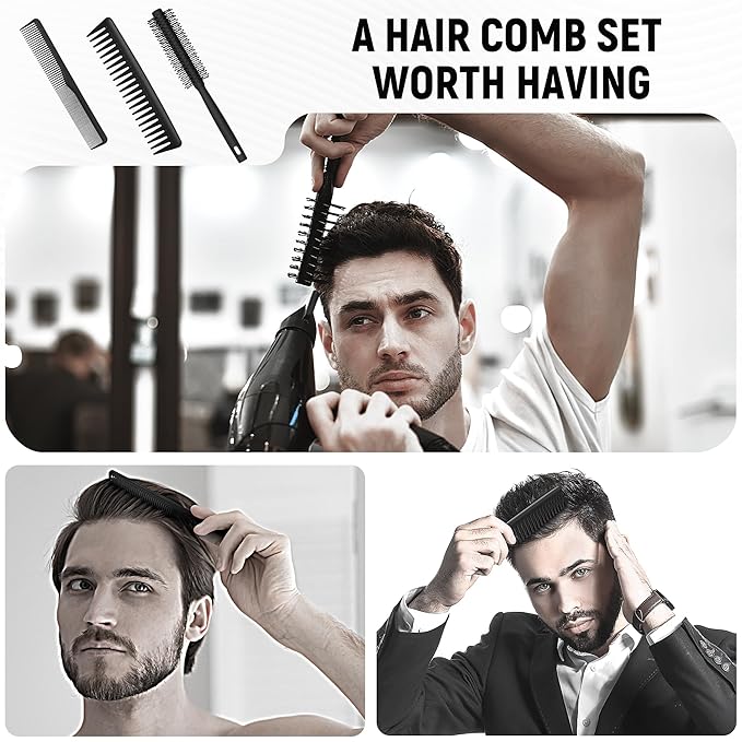 3PCS Comb Set Hair Combs for Men, Fine and Wide Tooth comb - Roller Brush for Adding Volume, Hair Styling mens comb for Styling and Grooming - Frosted Texture