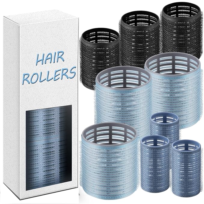 9pcs Hair Rollers Set, Heatless Curlers for Long Medium Short Hair, Self Grip Hair Rollers 3 Sizes in 1 Set, Dark Blue