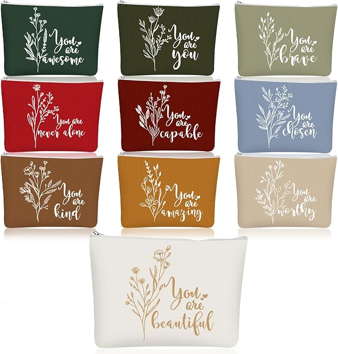 Coume 10 Pcs Valentines Canvas Makeup Bags Bulk, Inspirational Quotes Cosmetic Zipper Encouragement Travel Pouch Toiletry Bag Women Teacher Friend Birthday Gift(Joyous Color,Aesthetic)