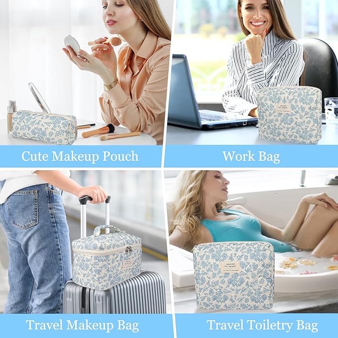 Quilted Makeup Bag Set, Large Floral Cosmetic Bag for Women, Cute Cotton Makeup Bag, Flower Travel Toiletry Organizer Bag (Yellow Daylily)