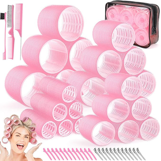 Obeoby 4 Sizes Hair Rollers for Women, Hair Curlers with Clips Comb Curlers for Long Short Curly Hair and Bangs (25, 36, 48, 60mm), Pink Valentines Day Gifts