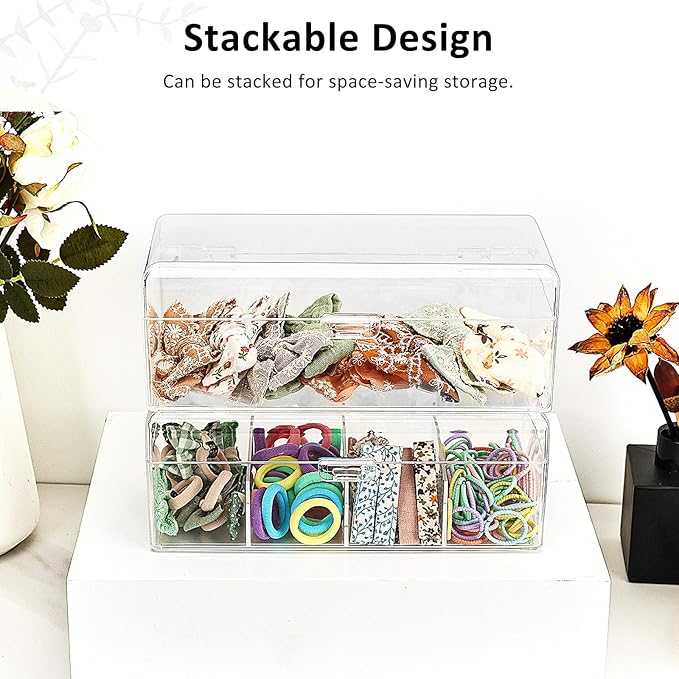 JessLab Hair Accessories Organizer for Girls, Acrylic Hair Bow Tie Clip Scrunchie Holder with Dividers, Clear Stackable Storage Box for Bathroom, Bedroom, Vanity Countertop, 4 Compartment