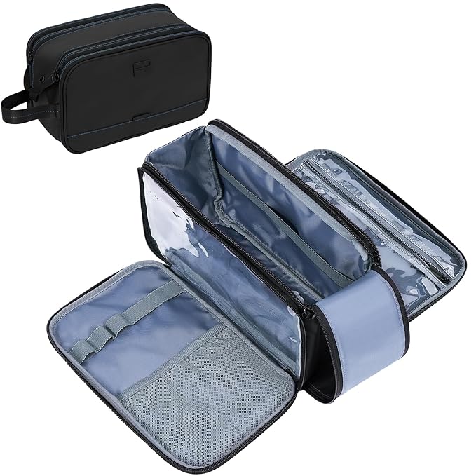 ZEEMO Travel Toiletry Bag for Men, Medium Water-Resistant Double-Sided Full-Open Dopp Kit, Versatile Organizer for Shower and Hygiene Accessories, Bathroom Essentials, Cosmetics, Black and Blue
