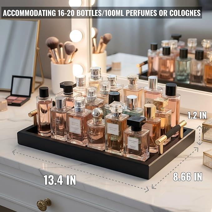 Bamboo Vanity Tray for Dresser - 13.4" Black Gold Catchall Organizer for Cologne, Perfume, Cosmetics, Jewelry, Candle, Watch, Key - Decorative Valet Tray for Living room, Bathroom, Bedroom, Countertop