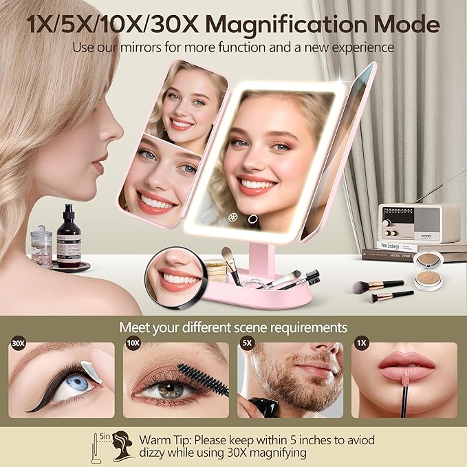 Vanity Mirror with Lights, Lighted Makeup Mirror with 30X/10X/5X Magnification, Rechargeable Trifold Mirror with 3 Color & Adjustable Brightness, Travel Makeup Mirror with Lights for Desk