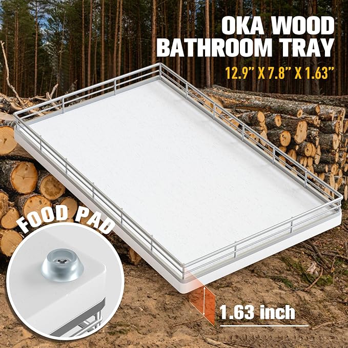 Large Bathroom Vanity Tray – 13" x 8" Oak Decorative Wooden Tray for Bathroom Countertop & Vanity Organizer, Wood Tray for Perfume, Skincare & Accessories Storage, Vanity Dresser Decor Sliver & White