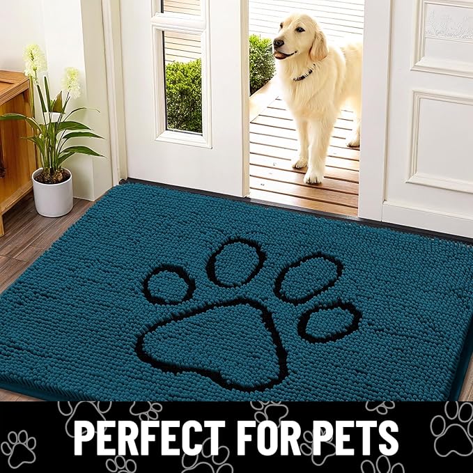 Smiry Dog Door Mat for Muddy Paws, Absorbent Dirt Trapper Non Slip Quick Dry Washable Chenille Mat for Mud Dogs, Entry Rug for Indoor and Outdoor (48x30 Inches, Atlantic Blue and Black)