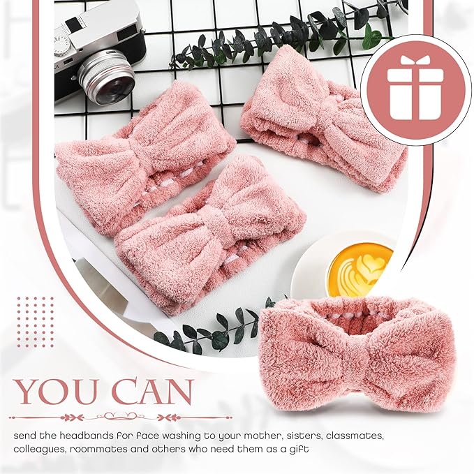 Yunlly 20 Pcs Spa Headband for Women 4 Inches Width Facial Makeup Hair Band Bulk Skincare Headbands for Washing Face Bowtie Slumber Party Supplies Fluffy Head Wraps(Rose Pink)
