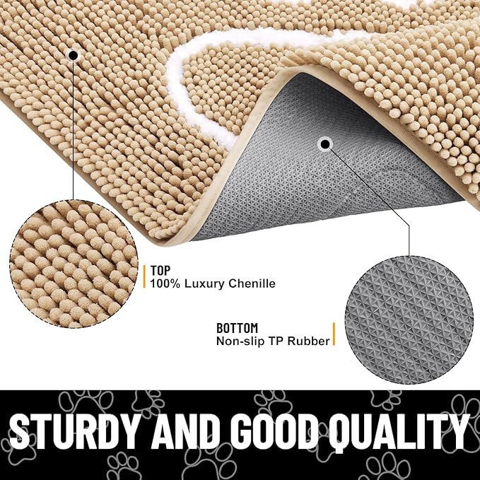 Smiry Dog Door Mat for Muddy Paws, Absorbent Dirt Trapper Non Slip Quick Dry Washable Chenille Mat for Mud Dogs, Entry Rug for Indoor and Outdoor (40x24 Inches, Beige and White)