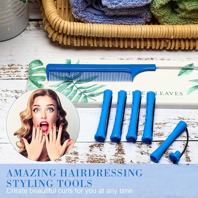 WILLBOND 60 Pcs Perm Rods for Short Long Hair Plastic Cold Wave Perming Curlers Small Hair Curling Rollers with Steel Pintail Rat Tail Kit for Women Hairdressing Styling Supplies(0.35 Inch,Blue)