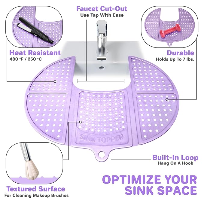 Sink Topper Bathroom Sink Cover for Counter Space & Storage Saver | RV Must Haves | Silicone Foldable Beauty Makeup Brush Cleaning Mat | Hot Tools Organizer | RV Sink Cover | Standard, Iris Lavender