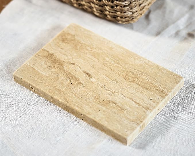 Astavostone Travertine Tray, Cream White Natural Stone Decor Tray for Bathroom Vanity Rectangle Stone Board for Jewelry, Keys, Perfume Coffee Table Organizer (8.6" x 5.9" x 0.6")