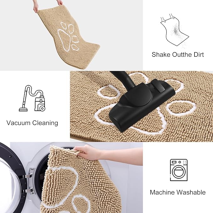 Smiry Dog Door Mat for Muddy Paws, Absorbent Dirt Trapper Non Slip Quick Dry Washable Chenille Mat for Mud Dogs, Entry Rug for Indoor and Outdoor (47x32 Inches, Beige and White)