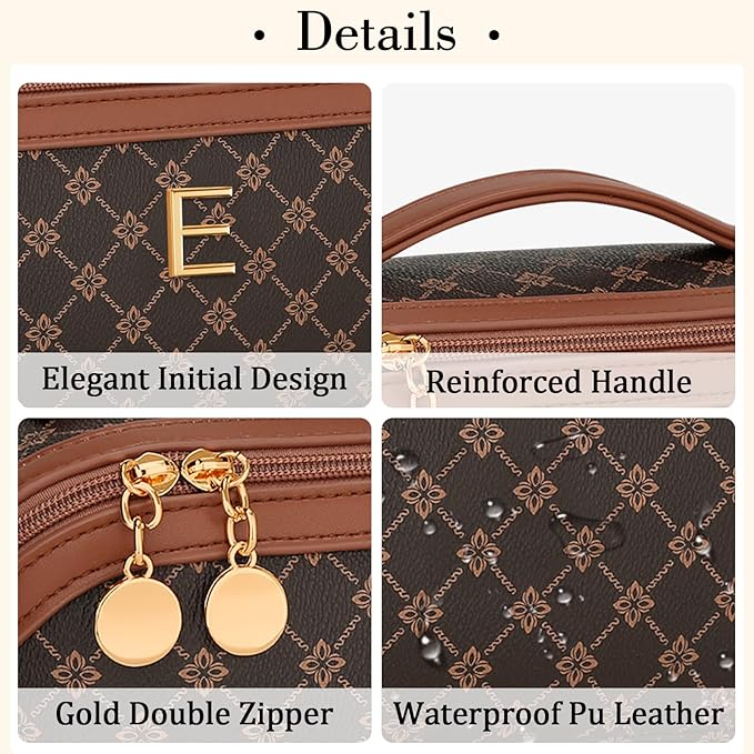 Birthday Gifts for Women Teen Girl, Personalized Initial Makeup Organizer Bag Set, Open Flat Travel Cosmetic Bag With Clear Divider and Handle(Coffee,E)