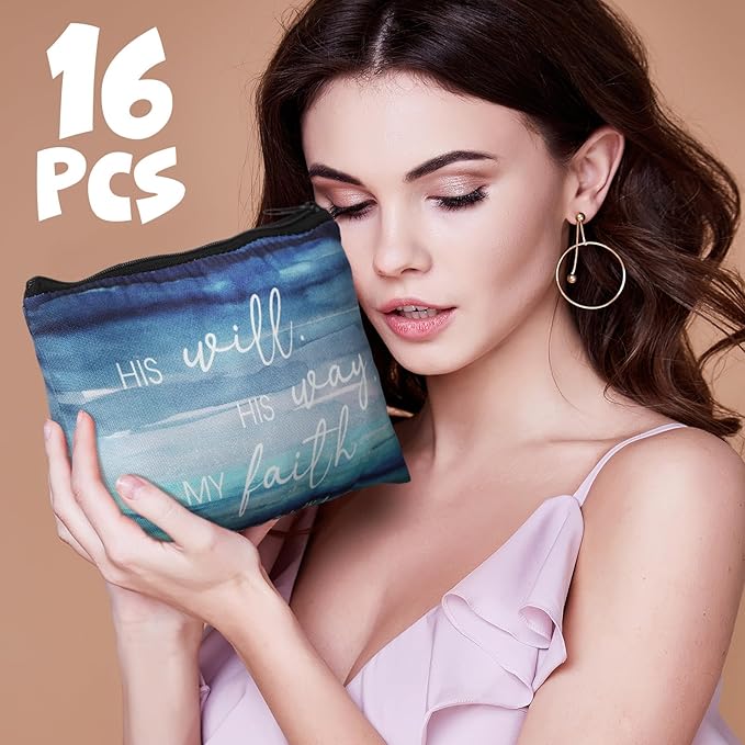 Pinkunn 16 Pcs Valentines Canvas Makeup Bags Bulk Inspirational Christian Women Religious Galentine Gifts Inspirational Bible Verse Pencil Pouch Makeup Bags with Zipper for Travel(Bible Landscape)
