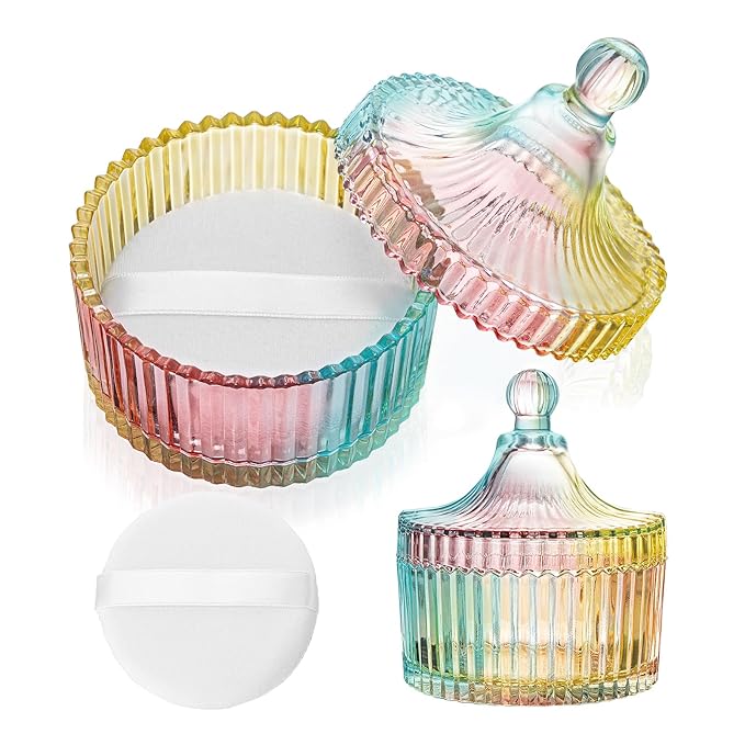 2 Piece Dusting Powder Container with Puff - Large Body Powder Puff and Container, Crystal Glass Powder Container with Puff Soft Velour Washable Reusable Face & Body Use (Colorful)