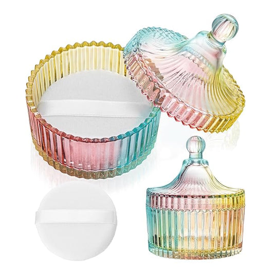 2 Piece Dusting Powder Container with Puff - Large Body Powder Puff and Container, Crystal Glass Powder Container with Puff Soft Velour Washable Reusable Face & Body Use (Colorful)