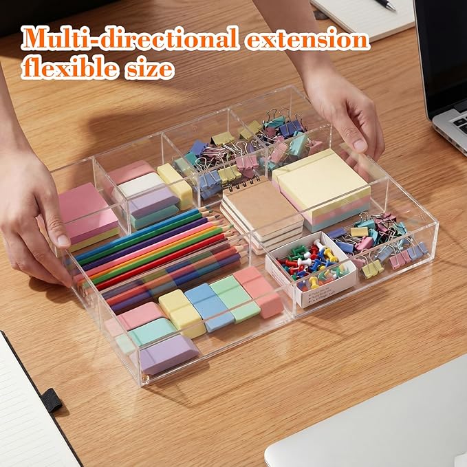 Large Acrylic Desk Deep Drawer Organizer with Adjustable Dividers, Anti-Skip Clear Desk Top Organizer Tray for Pens, Desktop, Office, Bathroom, Kitchen, Makeup Supplies(7 Compartments)