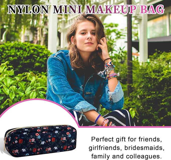 Nylon Floral Small Makeup Bag Slim Pouch, Cute Preppy Makeup Brush Bag Portable Make up Pouch with Zipper, Waterproof Travel Toiletry Bag Coin Purse Storage Organizer for Women Girls(Black Rose)