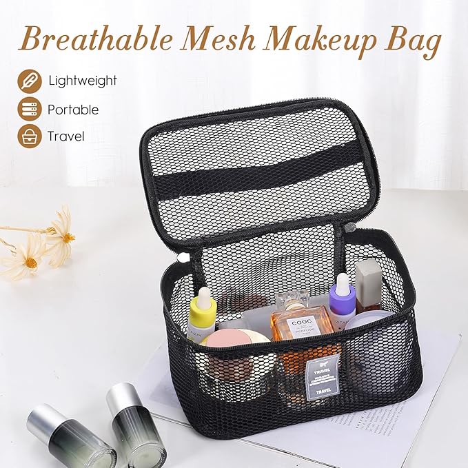 Mesh Makeup Bag, Breathable Cosmetic Bags with Zipper, Travel Lightweight Make Up Organizer Mesh, Toiletry Bag with Handle for Women Girls Gift, Black