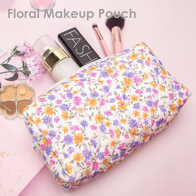 PAZIMIIK 6PCS Vintage Quilted Makeup Bag SET Cosmetic Pouch for Brushes Pencils and Travel Make Up Accessories for Women and Girls,Little flower