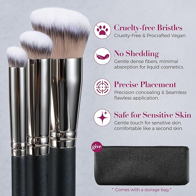 ENERGY Makeup Brush Set Professional 3pcs Foundation Concealer Detail Brushes Soft Synthetic Bristles Vegan Face Makeup Brushes for Liquid Cream Powder Flawless Blending Buffing with Travel Case