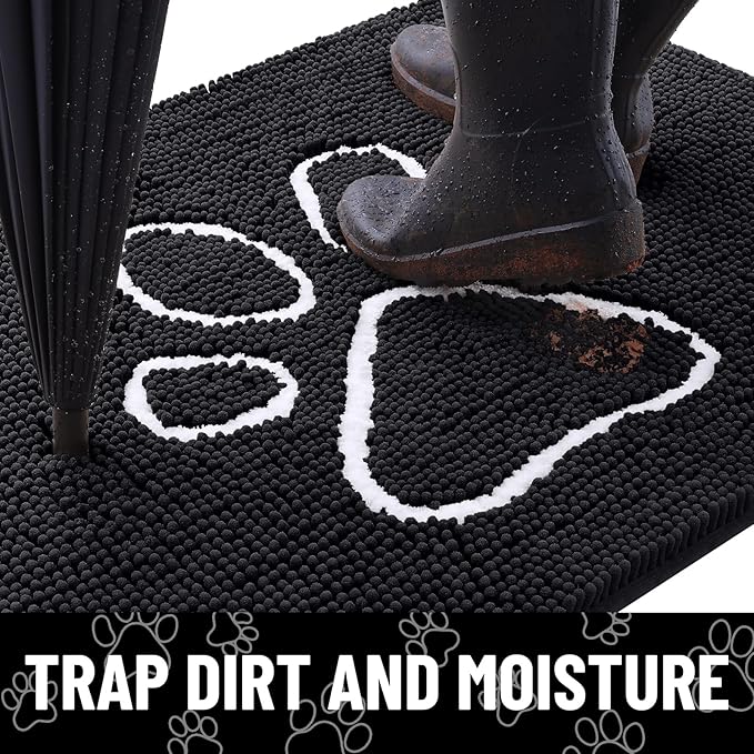 Smiry Dog Door Mat for Muddy Paws, Absorbent Dirt Trapper Non Slip Quick Dry Washable Chenille Mat for Mud Dogs, Entry Rug for Indoor and Outdoor (36x24 Inches, Black and White)