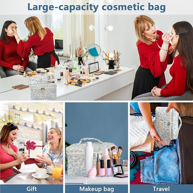 1pc Large Makeup Bag, Cute Cosmetic Bag for Women Girls, Floral Coquette Aesthetic Toiletry Bag, Travel Make Up Organizer Bag (Green Leaves Blue Flowers)