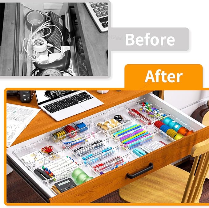 10 Pcs Extendable Clear Drawer Organizer, All Adjustable Vanity Storage Box, 2-Size Desk Drawer Organizer, Durable Storage Bins for Makeup, Cosmetic, Bedroom Dressers Tool Organizer for Gadgets