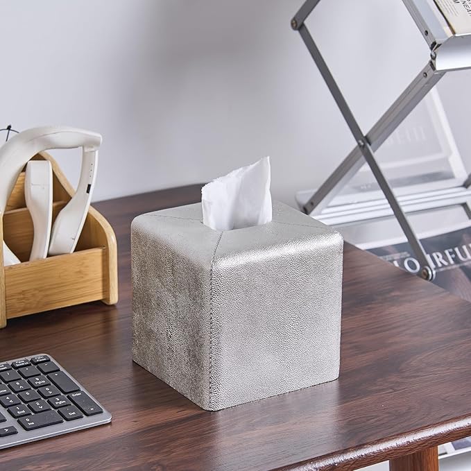 Silver Square Tissue Box Cover,Resin Heavy Sturdy Tissue Box Holder, Facial Paper Holder for Bathroom Vanity Countertop,Bedroom Night Stand,Office and End Table