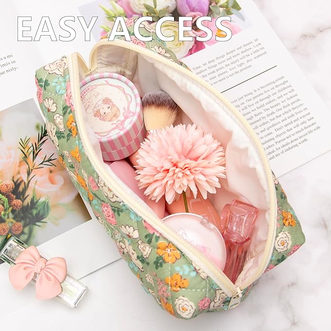 PAZIMIIK 6PCS Vintage Quilted Makeup Bag SET Cosmetic Pouch for Brushes Pencils and Travel Make Up Accessories for Women and Girls Floral Green