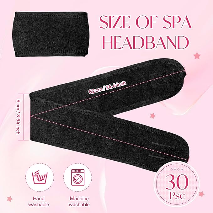 80 Pack Adjustable Spa Headband for Women Non-Slip Facial Hair Wrap for Washing Face, Makeup, Shower, Skincare, and Yoga (Black, 80)