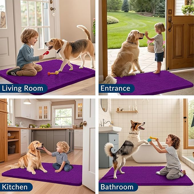 Smiry Dog Door Mat for Muddy Paws 40x32, Absorbs Moisture and Dirt Doormat, Non-Slip Washable Quick Dry Chenille Front Door Mat Indoor Entrance, Entryway Carpet for Inside Floor, Purple