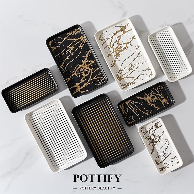 Pottify Bathroom Vanity Tray for Countertop,2PC Rectangle Striped Tray,Decorative Bathroom Organizer for Scrubber, Lotion Bottles, Perfume, Jewelry, Candle, Key Trinket Ring(Large,White)