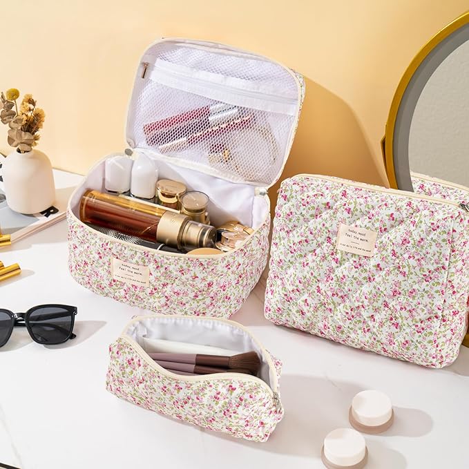 Makeup Bag for Women 3PCS Quilted Cotton Make Up Bag Travel Cosmetic Bag Large Makeup Bag Set Cute Makeups Organizer Floral Toiletry Pouch for Purse, Spring Meadow