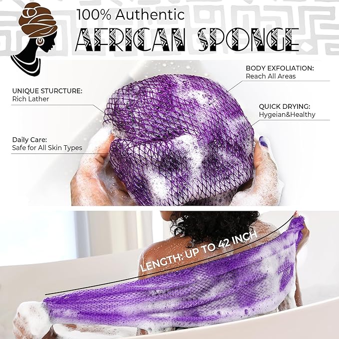 Authentic African Net Sponge with Knots - 2 Pieces Exfoliating Body Sponge Purple & Green - Back Scrubber Shower Exfoliator for Women Personal Care - Shower Scrub for Body Wash Bathing Accessories